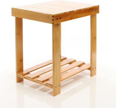 Toboli Sitzhocker Beistelltisch aus Bambus 440x280x408mm, Badhocker aus Holz max. 90 kg, Hocker in natürlicher Optik, Holzhocker mit zwei Ablagen