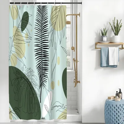 Produktbild von Duschvorhang 120 x 180 cm, grüner, tropischer, abstrakter Dschungel-Duschvorhang mit Palmenblättern, schimmelresistentes Gewebe, waschbar, wasserdichter Polyester-Badevorhang mit 8 Haken für das Badezimmer