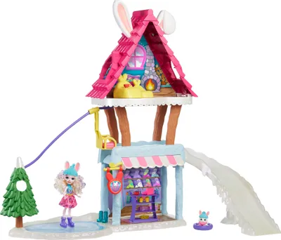 Produktbild von Enchantimals Hasen-Skihütte (ca. 63 cm) mit Bevy Bunny-Puppe (ca. 15 cm) und Tierfreundin Jump