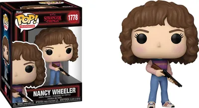 A Funko Pop! figure of Nancy Wheeler from Stranger Things, shown both in its packaging and displayed outside of it.