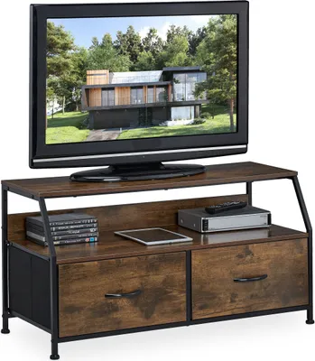 Immagine prodotto di Relaxdays TV Board, stile industriale, A x L x P: 48,5 x 93 x 41,5 cm, metallo, effetto legno, 2 cassetti, mobile TV, marrone/nero