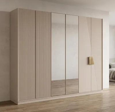 Zdjęcie produktu dla Kleiderschrank Beige Modern Holz Glas Spiegeltüren Schlafzimmer