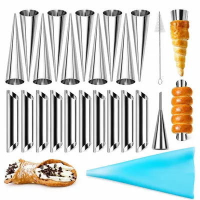 Zdjęcie produktu dla Zestaw do pieczenia cannoli, 23 elementy, stal nierdzewna, z szczotką do czyszczenia, kolor srebrny
