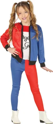 A young girl dressed in a costume resembling Harley Quinn's outfit, posing against a white background.