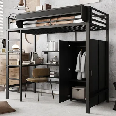 A loft bed with a desk and wardrobe, set up in a room with a concrete wall.
