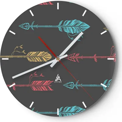 Produktbild von Wanduhr - Rund - Glasuhr - Pfeil Feder - 30x30cm - Schleichendes Uhrwerk - Lautlos - zum Aufhängen bereit - Dekoration Modern - Wanddekoration aus Glas - C3AR30x30-3874