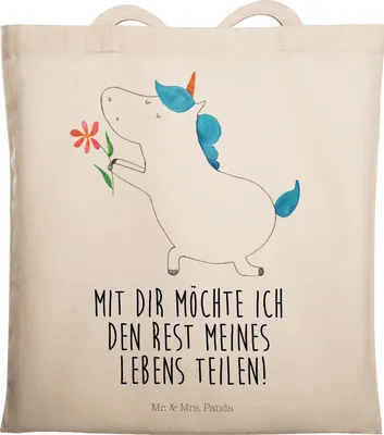 Produktbild von Mr. & Mrs. Panda Tote Bag Einhorn Blume - Transparent - Geschenk, Freundin, Baumwolltasche, Unicorn, Pärchen, Stoffbeutel, Tasche, Einhörner, Schultasche, Heiraten