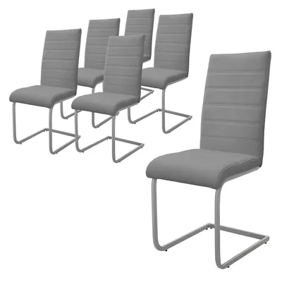A set of six gray dining chairs with a modern cantilever base, presented on a white background.