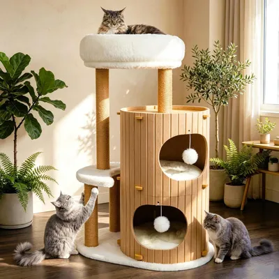 Produktbild von Luxus Kratzbaum mit 2-stöckiger Kratztonne | Katzenbaum mit Katzenschlafhaus, Sisalbrett, abnehmbarem Bett & Spielball | Stabiles Katzenmöbel
