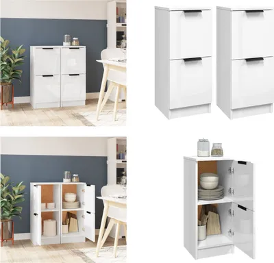 Produktbild von vidaXL Sideboards 2 Stk. Hochglanz Weiß 30x30x70 cm Holzwerkstoff - Sideboard - Sideboards - Schrank - Lagerschrank