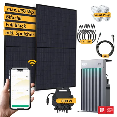 Produktbild von VALE Bifaziales Balkonkraftwerk mit Speicher Komplettset (890 Wp), Zendure Solarspeicher, 2 x Full-Black Solarmodul Set, Wechselrichter, App & Wifi