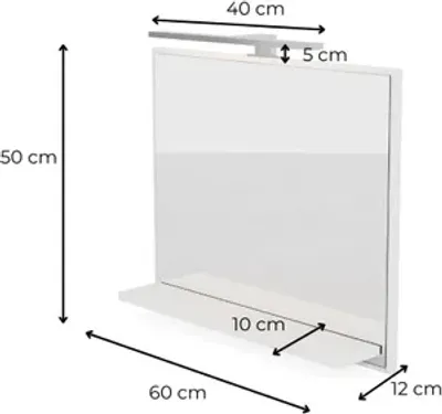 Produktbild von Badspiegel mit Beleuchtung Weiß H:50 x B:60 cm - Bathroom Mirror IP44 - Badezimmer Spiegel Rechteckig mit Ablage und LED 4000K - Wandspiegel mit Regal