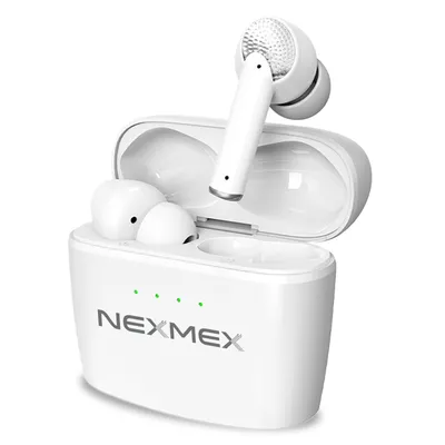 A pair of white wireless earbuds in their charging case.
