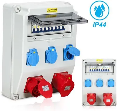 Zdjęcie produktu dla Elektryczny rozdzielacz ścienny CEE IP44 – adapter do montażu na ścianie; gniazdko ścienne do placu budowy; wyłącznik prądu 1x32 A, 1x16 A, 3x230 V z wyłącznikiem nadprądowym