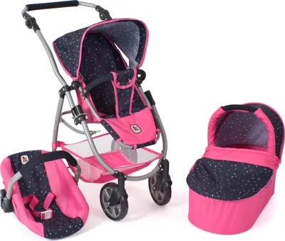 A doll stroller, bassinet, and car seat are displayed against a white background.