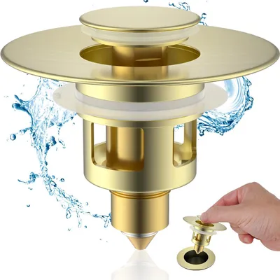 Immagine prodotto di Tubo di scarico pop-up per lavabo, da 25 a 46 mm, in ottone spazzolato dorato, con griglia e sistema di chiusura a pulsante