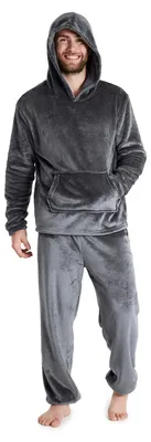 Produktbild von Herren-Pyjama-Set, warmer Fleece-Pyjama für Herren, mit kuscheliger Kapuze