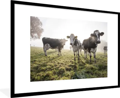 Produktbild von MuchoWow® Gerahmtes Poster Kuh - Gras - Nebel 90x60 cm - Poster mit Schwarzem Bilderrahmen Wandposter Rahmen Foto Bilder - Wanddekoration - Fotos