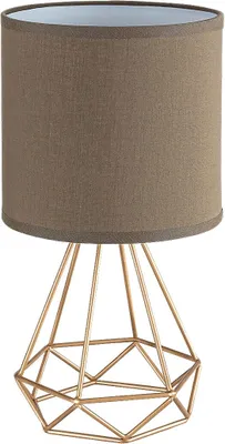 A table lamp with a geometric gold base and a brown fabric shade.