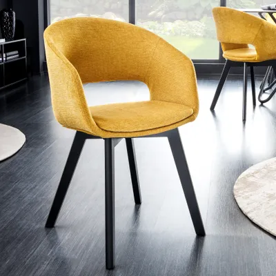 Produktbild von riess-ambiente Design Stuhl NORDIC STAR senfgelb Strukturstoff Massivholz schwarz mit Armlehne gepolstert Esszimmerstuhl Essstuhl