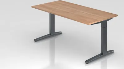Produktbild von Schreibtisch Mika | Nussbaum | Graues Gestell | BxT 160x80cm | Arbeitshöhe 65-85cm | höhenjustierbar, 1cm Raster | C-Fuß-Gestell | Rechteckform
