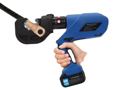 Produktbild von Hydraulische Crimpzange, 120KN Crimpkraft, 18V Lithiumbatterie, 12 Matrizen, 16-400mm² Kompatibilität, 400mm Länge