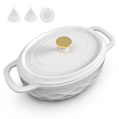 Image de Casserole en fonte (7,1 litres), forme ovale, incluant des gants de four et un tapis résistant à la chaleur, idéale pour la cuisson au four en cuisine, de couleur blanche