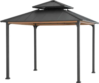 A standalone gazebo with a dark grey roof and wooden beams, shown against a white background.