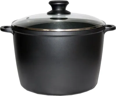 A black cooking pot with a glass lid and handles, isolated on a white background.