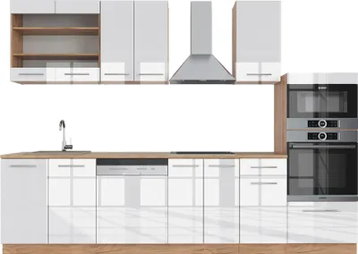 Produktbild von Küchenzeile Vicco Fame-Line Weiß Hochglanz/Goldkraft Eiche 300 cm mit Hochschrank, ohne Arbeitsplatte, Model 38650