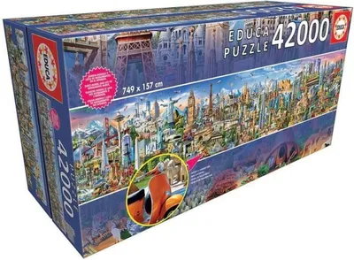 Produktbild von Educa Puzzlespiel 42000 Teile 'Einmal um die Welt', Das größte Puzzle der Welt, 749 x 157 cm, Städte & Dörfer, Papier, Mehrfarbig, Adrian Chesterman, 17570