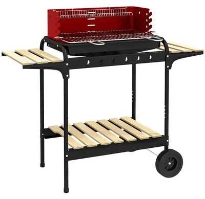 Produktbild von Holzkohlegrill BBQ Smoker - Grillwagen - Höhenverstellbarer Grillrost - Räucherfunktion - Holzablage - Mit Rädern - 103x47x95 cm - Rot