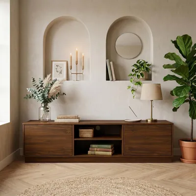 Produktbild von Lowboard MAITE 170 cm aus Massivholz, Nussbaum Finish - TV Board mit Kabelauslass, Kommode mit offenen Mittelfach, Wohnzimmermöbel mit Push-to-Open Funktion