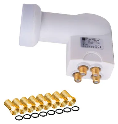 A white satellite LNB with gold connectors and a set of gold F-connectors and O-rings.