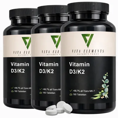 Productafbeelding van Vita Elements Vitamine D3 + K2 Depot Set van 3 180 Tabletten Vitamine K2 Botten Voedingssupplement