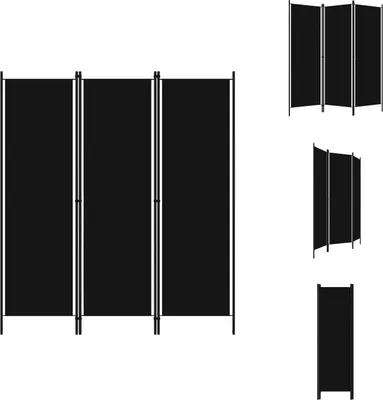 A black three-panel room divider is shown from the front, with smaller views of the divider in different configurations on the right side of the image.