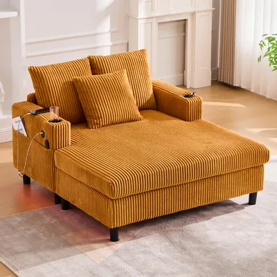 Immagine prodotto di Abrihome chaise longue in velluto con cuscino e schienale, divano reclinabile con portabicchieri, USB&LED, giallo senape