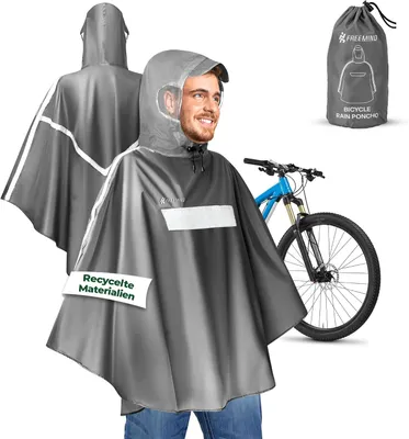 Produktbild von Fahrrad-Regenponcho aus RPET-Material, wasserdichter und winddichter Fahrradponcho, atmungsaktiv, Uni-Regenmantel mit Reflektoren, grau
