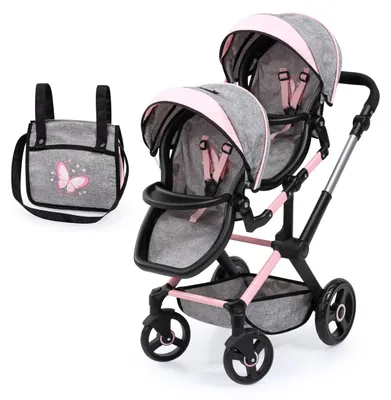 Productafbeelding van Bayer Design 26733AA Twin Xeo, kinderwagen voor poppen, geschikt voor twee kinderen of broers/zussen, verstelbare hoogte, inclusief tas, denimgrijs, roze kleur