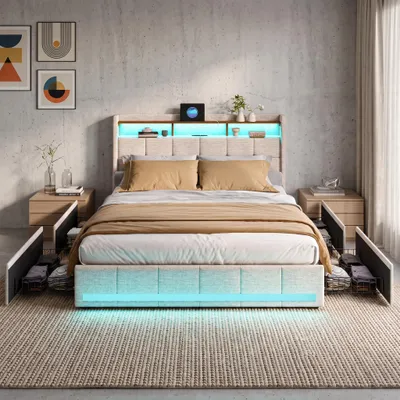 Produktbild von INONEFT Polsterbett 140x200cm mit Stauraum, Jugendbett mit 4 Schubladen, USB und Typ-C-Anschlüssen, Doppelbett mit Lattenrost und LED, Leinen, Beige