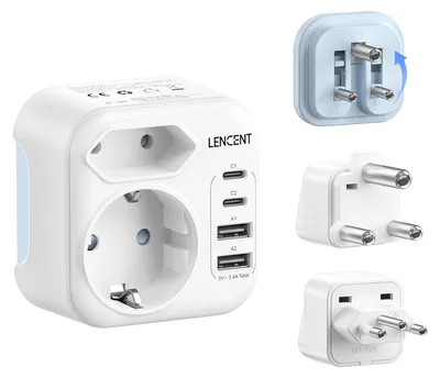 Obrázok produktu pre Kombinovaný cestovný adaptér typu D, M a N s 2 portami USB-C a 2 portami USB-A