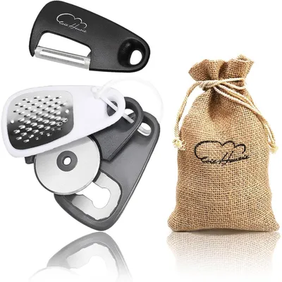 Productafbeelding van Keukenaccessoireset, 5-delig, blauw. Inclusief: jute tas, rasp, pizzasnijder, flesopener, schiller