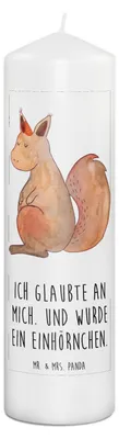 Produktbild von Mr. & Mrs. Panda Kerze Einhorn Glauben 29 x 8 cm XL - Weiß - Geschenk, Eichhorn, Wachskerze, Einhörnchen, Erinnerungslicht, Einhörner, Stumpenkerze, Blockkerze, Bedruckte
