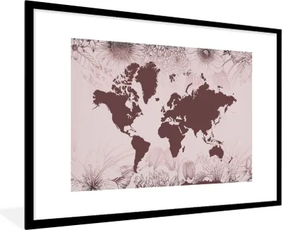 Produktbild von MuchoWow® MuchoWow® Gerahmtes Poster Weltkarte - Blumen - Lila 90x60 cm - Poster mit zchwarzem Bilderrahmen - Wanddekoration - Fotos