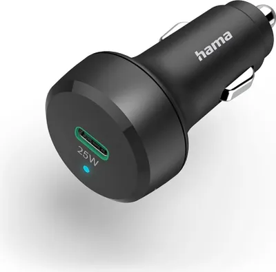 A black car charger with a USB-C port and the brand name 'hama' visible.