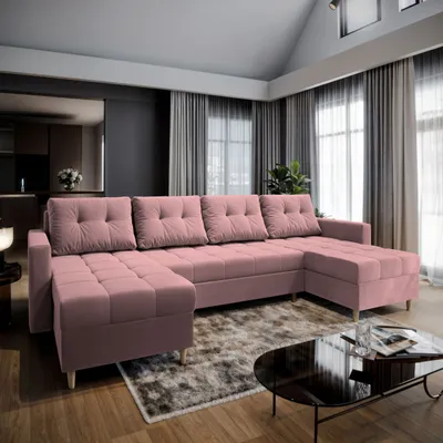 Zdjęcie produktu dla Narożnik Masseno MILO U z funkcją spania w kształcie litery U, sofa z pojemnikiem na pościel, sofa do salonu, kanapa, sofa rozkładana, zestaw wypoczynkowy - różowy, KRONOS 27