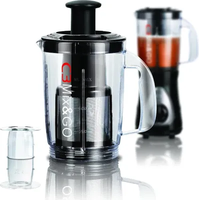 A product shot of a blender jug with accessories, with another blender in the background.