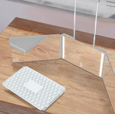 Produktbild von Kosmetikspiegel, 360 Grad Spiegel, Rasierspiegel mit Beleuchtung, Wandmontagespiegel, 3 Lichtfarben Dimmbar, Haken, Faltbarer, Wiederaufladbar