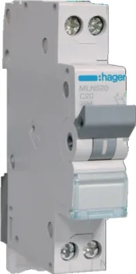 Obrázok produktu pre Hager LS-vypínač 1P+N 6kA C-charakteristika 20A 1 modul Hager MLN520, 1 ks.