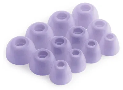 A collection of purple silicone ear tips for headphones.